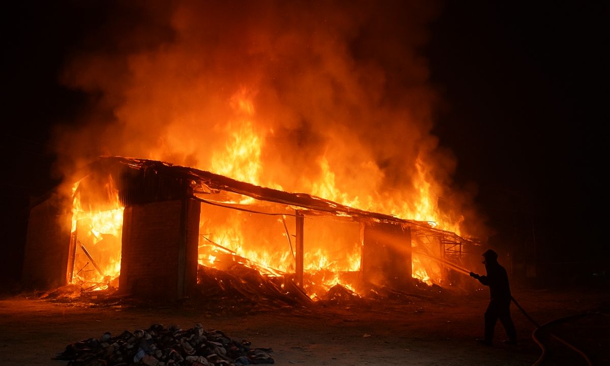 Fire at Kalpana Traders Lamkichuha destroys footwear warehouse, 70 lakh loss